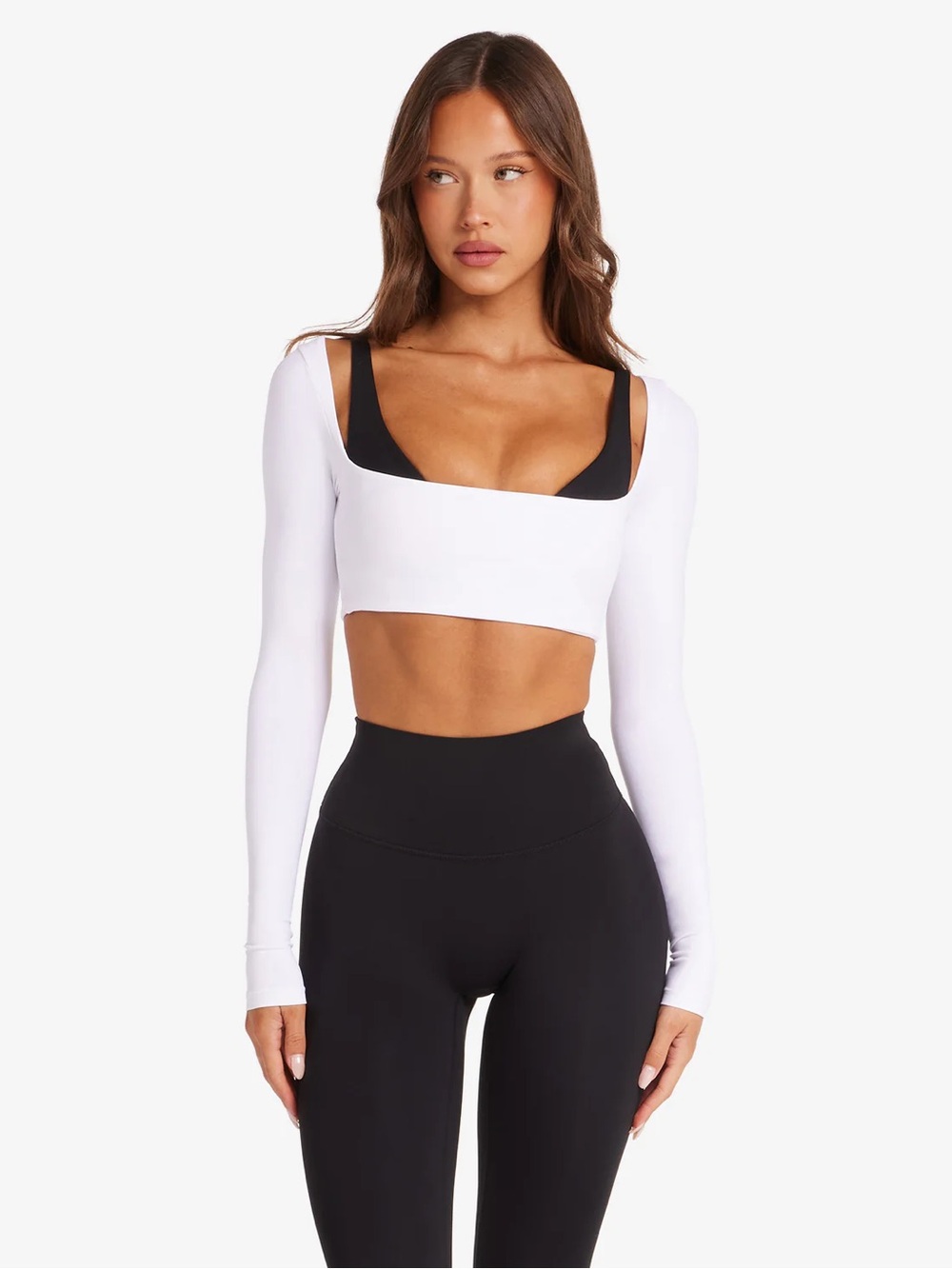 Crop Shop Boutique White Long-Sleeve Crop Top with Black Underlay